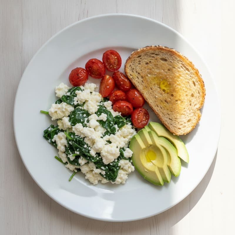 Egg White and Spinach Scramble with Cottage Cheese and Cherry Tomatoes