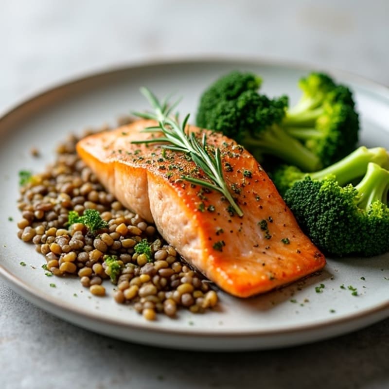 Herb-Crusted Baked Salmon with Steamed Broccoli and Lentils