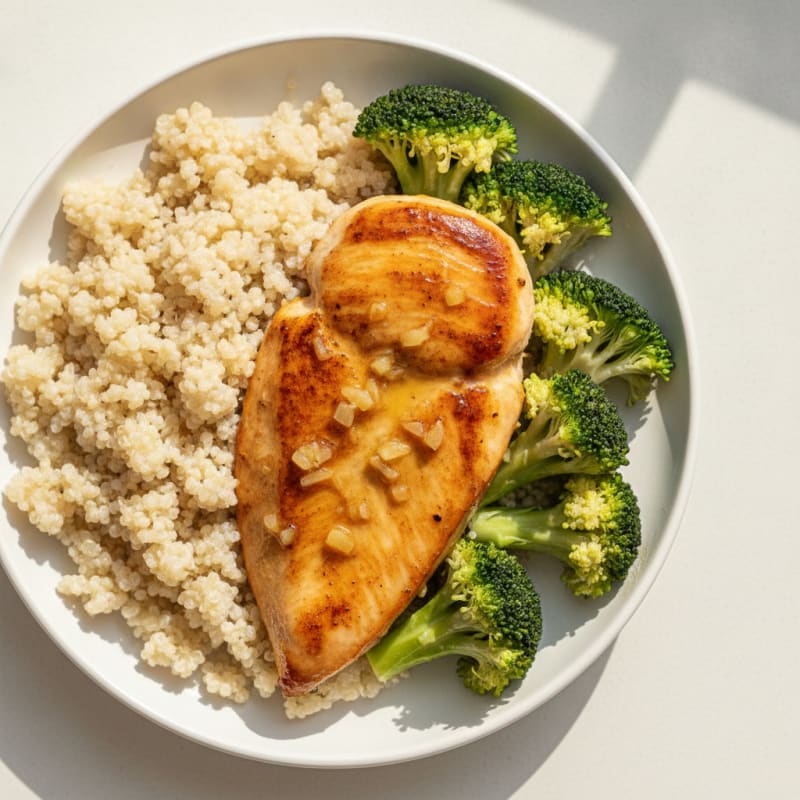 Seared Lemon Garlic Chicken Breast with Steamed Broccoli and Quinoa