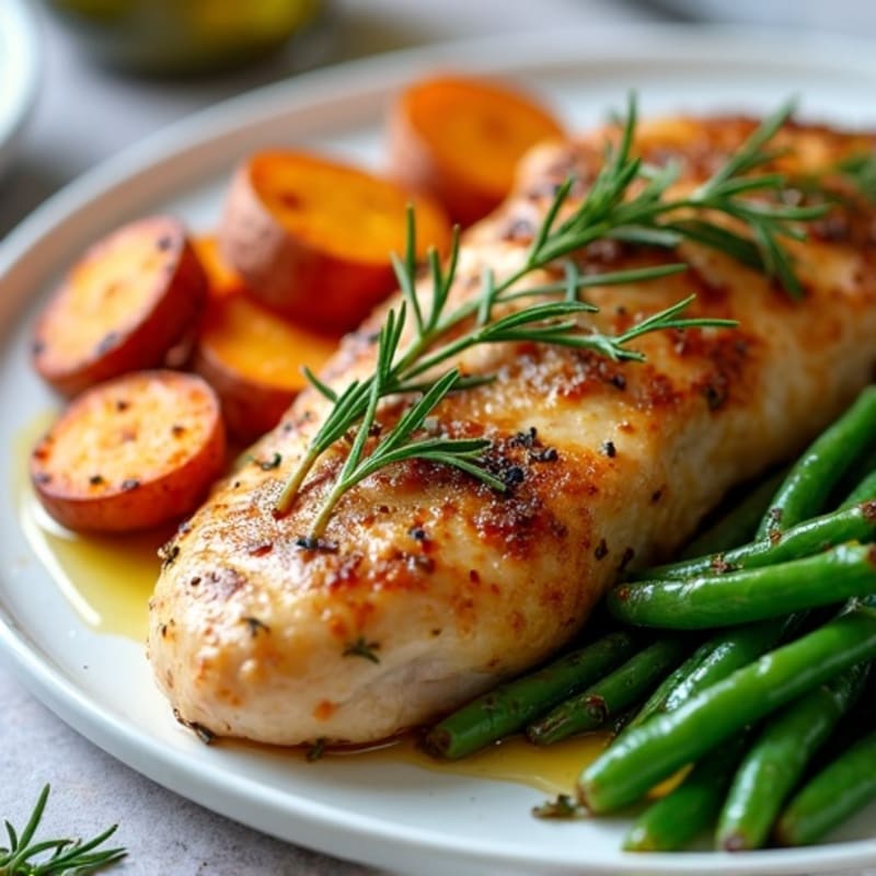 Herb-Roasted Chicken with Crispy Roasted Sweet Potatoes and Green Beans