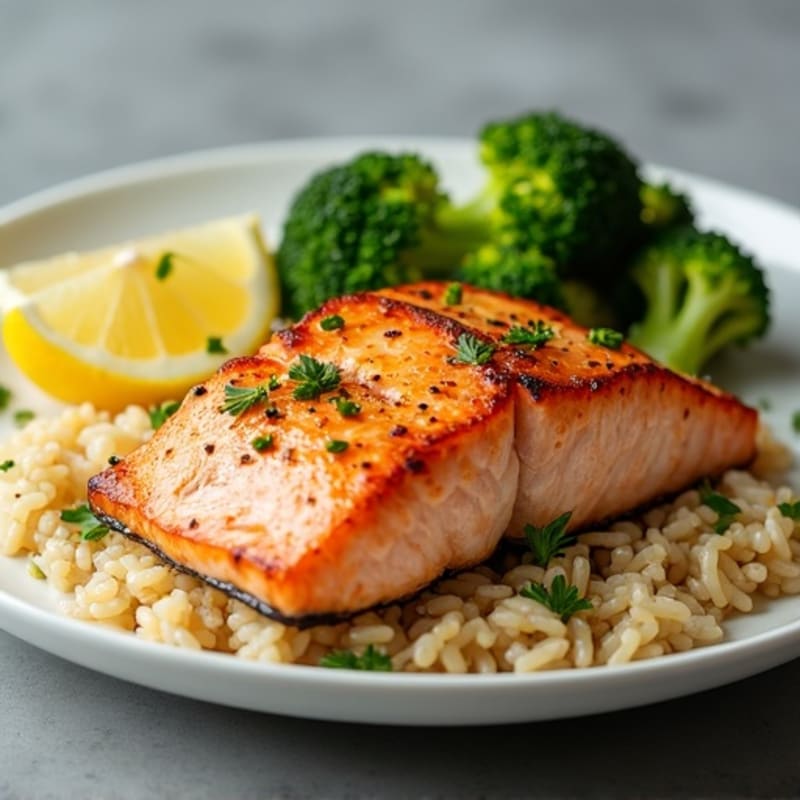 Seared Salmon with Garlicky Broccoli and Brown Rice