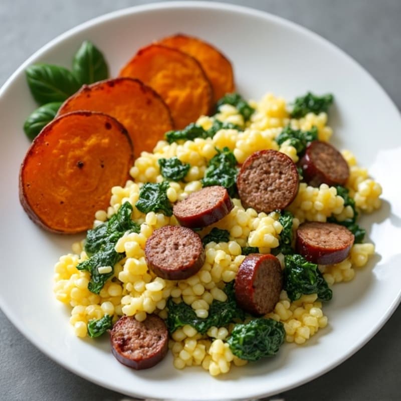 Egg White and Turkey Sausage Scramble with Spinach and Roasted Sweet Potato