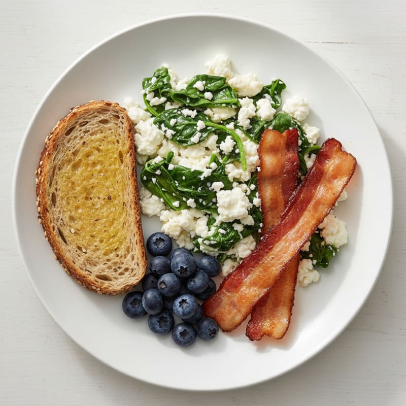 Cottage Cheese and Spinach Egg White Scramble with Turkey Bacon