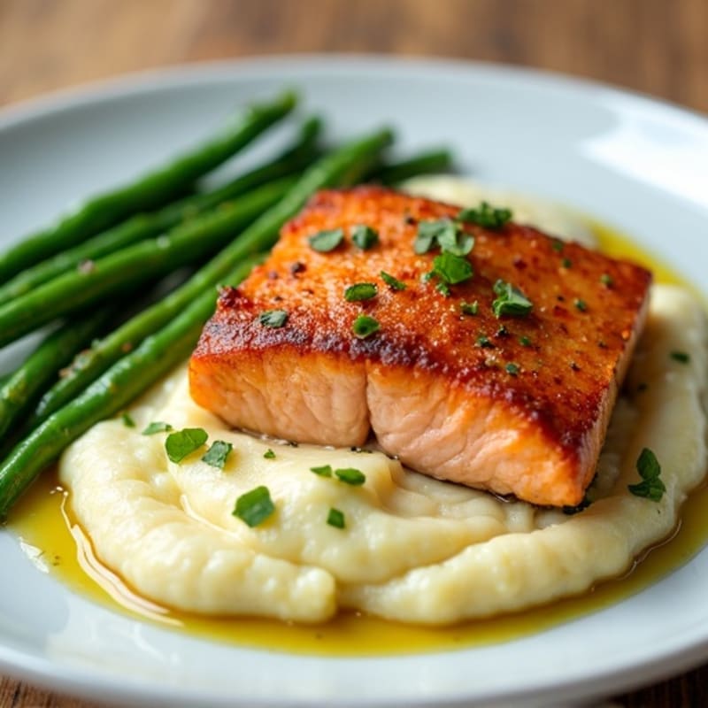 Seared Salmon with Steamed Green Beans and Cauliflower Mash