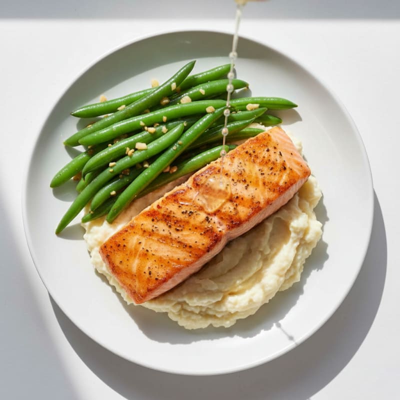 Seared Salmon Fillet with Garlic Green Beans and Cauliflower Mash