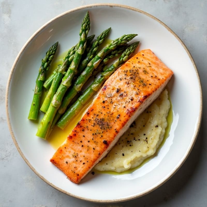 Seared Salmon with Steamed Asparagus and Cauliflower Mash