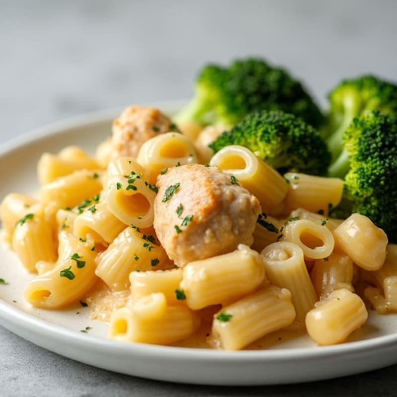 Creamy Baked Macaroni with Chicken and Roasted Broccoli