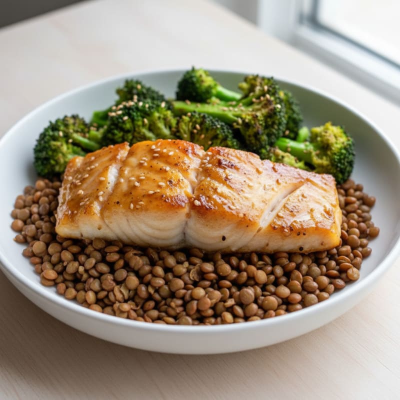 Grilled Miso-Glazed Cod with Roasted Broccoli and Lentils