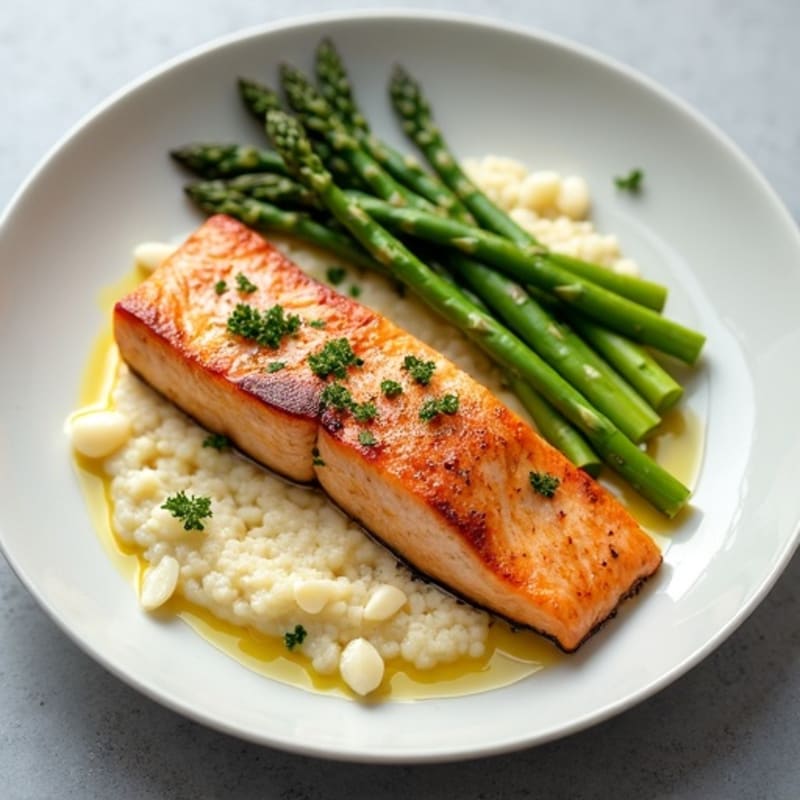 Seared Salmon with Steamed Asparagus and Cauliflower Mash