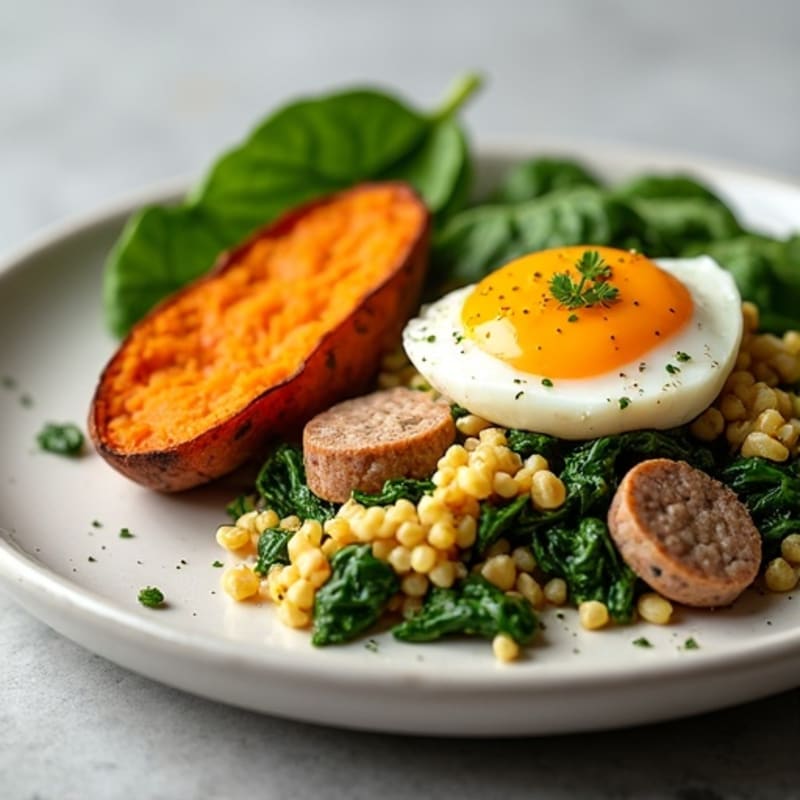 Egg White and Turkey Sausage Scramble with Spinach and Roasted Sweet Potato