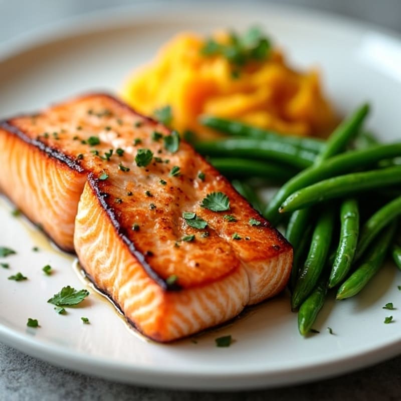 Seared Salmon Filet with Garlic Green Beans and Mashed Sweet Potato