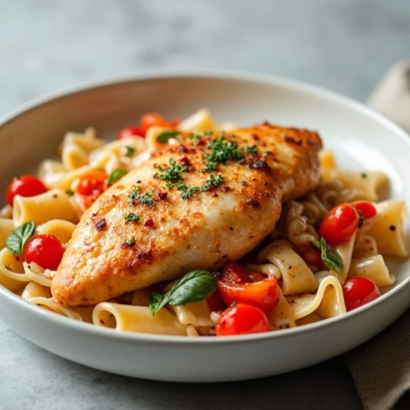 Spicy Chicken with Creamy Whole Wheat Pasta and Roasted Bell Peppers