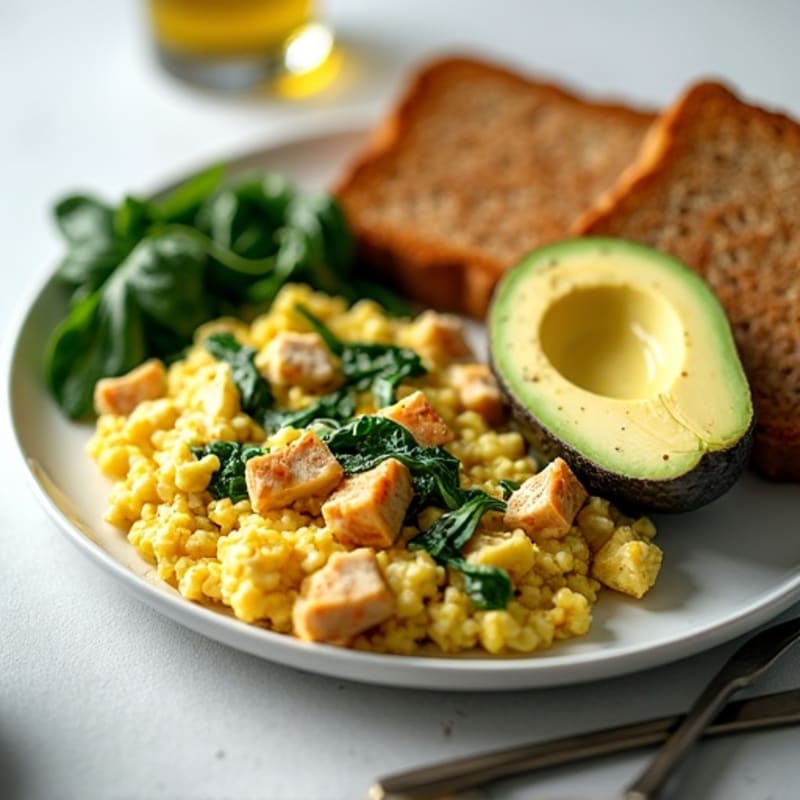 Egg White Scramble with Grilled Chicken and Sautéed Spinach