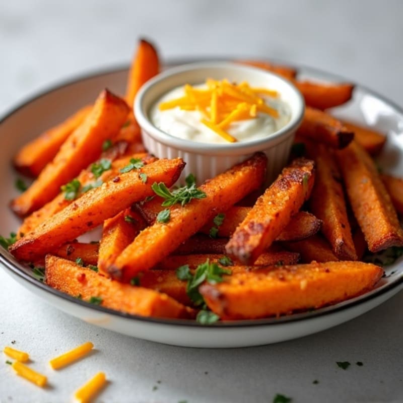 Crispy Roasted Sweet Potato Fries with Creamy Cheesy Sauce and Smoky Bacon