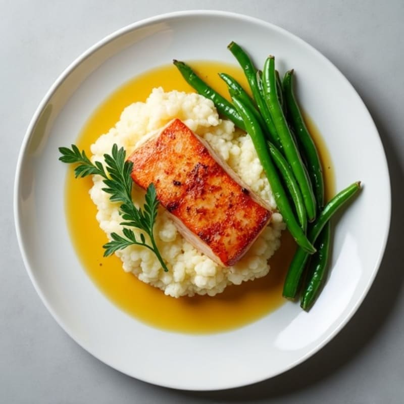 Seared Salmon with Steamed Green Beans and Cauliflower Mash