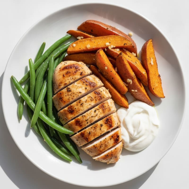 Herb-Grilled Chicken Breast with Roasted Sweet Potatoes and Green Beans