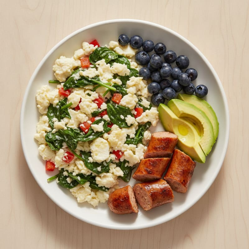 Egg White Veggie Scramble with Grilled Chicken Sausage