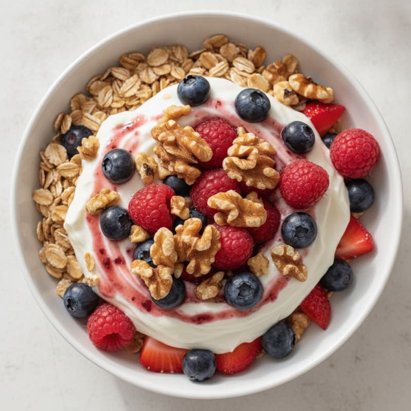 Greek Yogurt Protein Parfait with Oats, Nuts, and Mixed Berries
