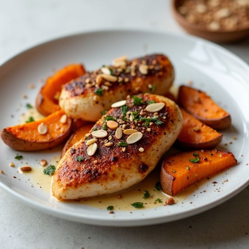 Cocoa-Spiced Chicken with Roasted Sweet Potato Wedges and Toasted Almonds