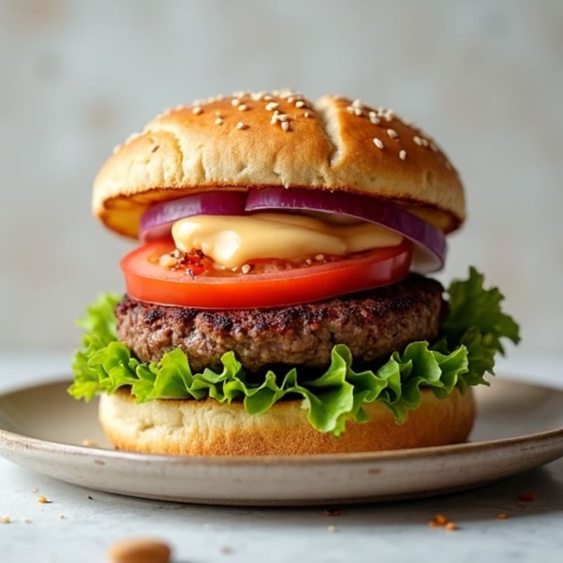 Lean Beef Burger with Fresh Lettuce, Tomato, Onion, and Creamy Special Sauce