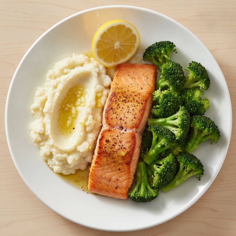 Pan Seared Salmon with Steamed Broccoli and Garlic Mashed Cauliflower