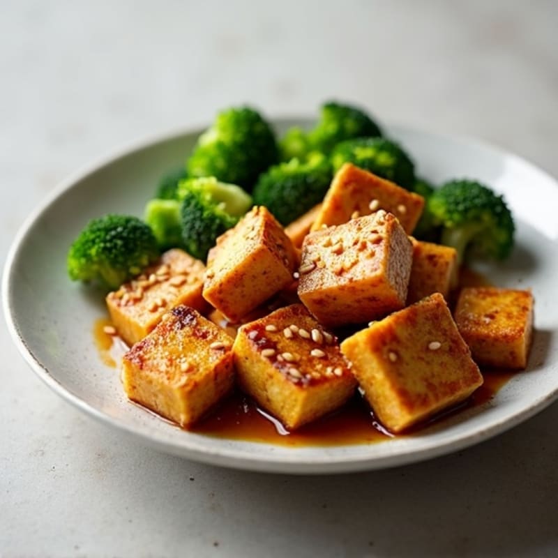 Crispy Pan-Seared Sesame-Ginger Tofu with Steamed Broccoli