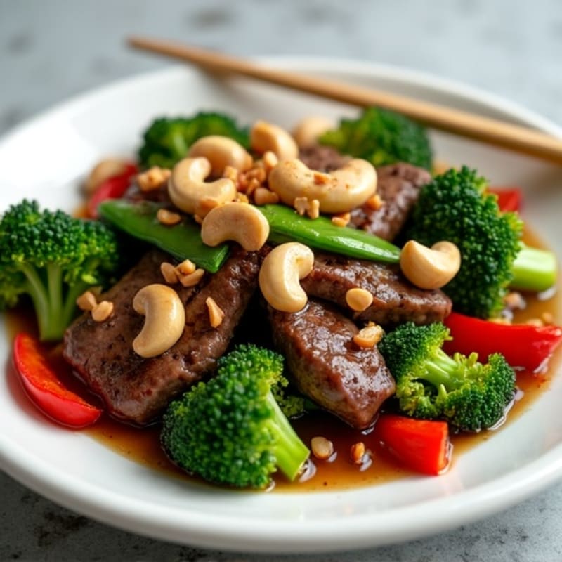Lean Beef Stir-Fry with Broccoli, Snap Peas, and Cashews