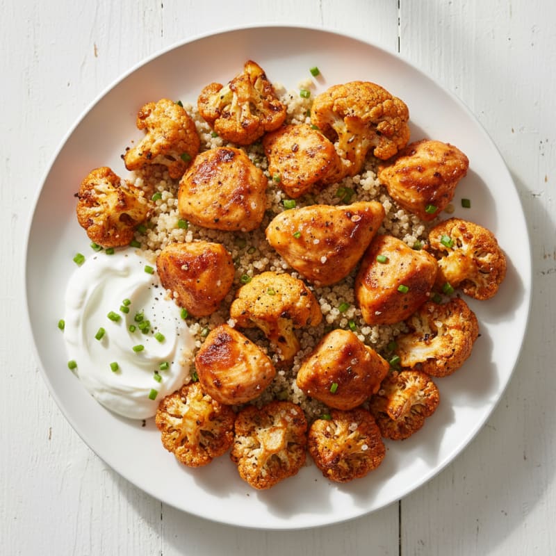 Crispy Buffalo Roasted Cauliflower and Chicken Bites