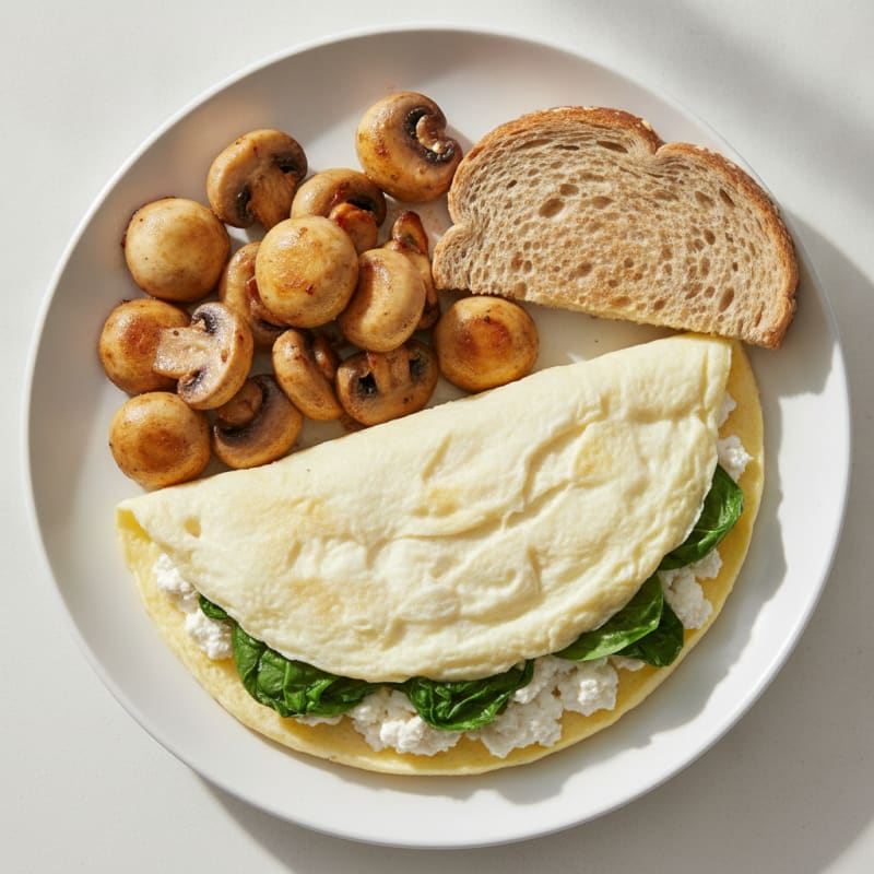 Egg White Spinach Omelette with Cottage Cheese and Sautéed Mushrooms
