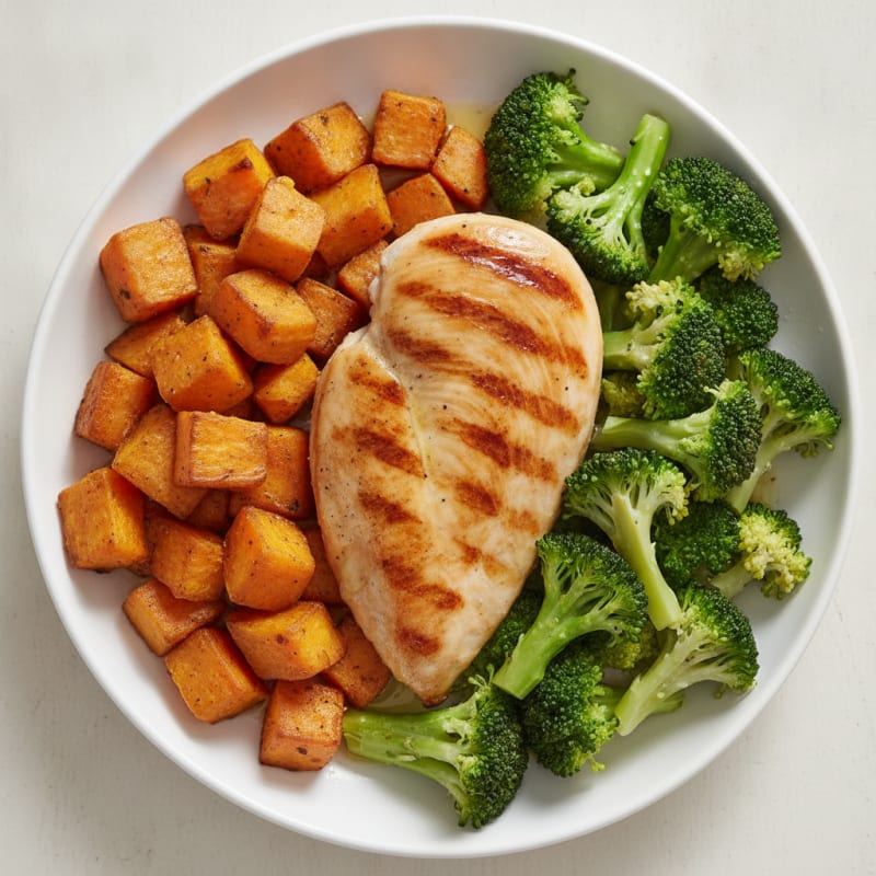Grilled Chicken Breast with Roasted Sweet Potato and Steamed Broccoli