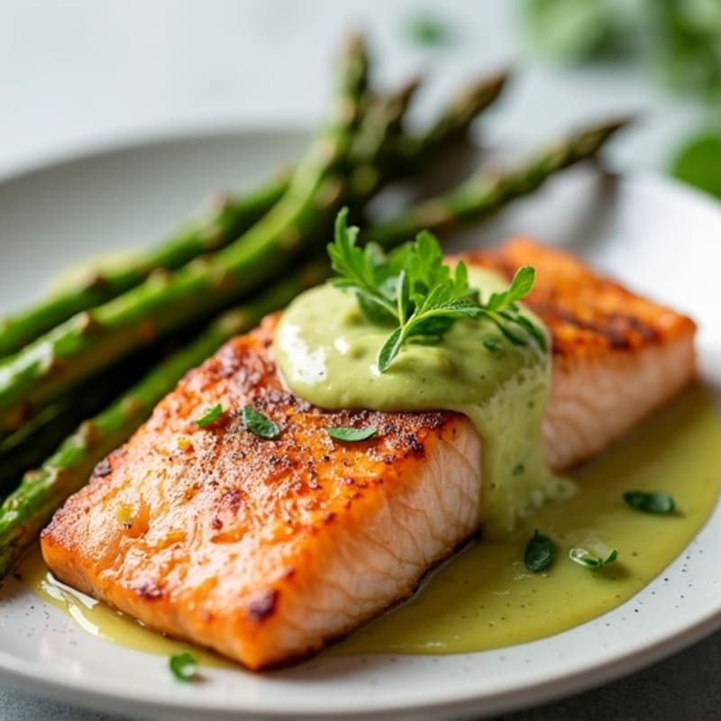 Crispy Pan-Seared Salmon with Creamy Avocado-Lime Sauce and Roasted Asparagus