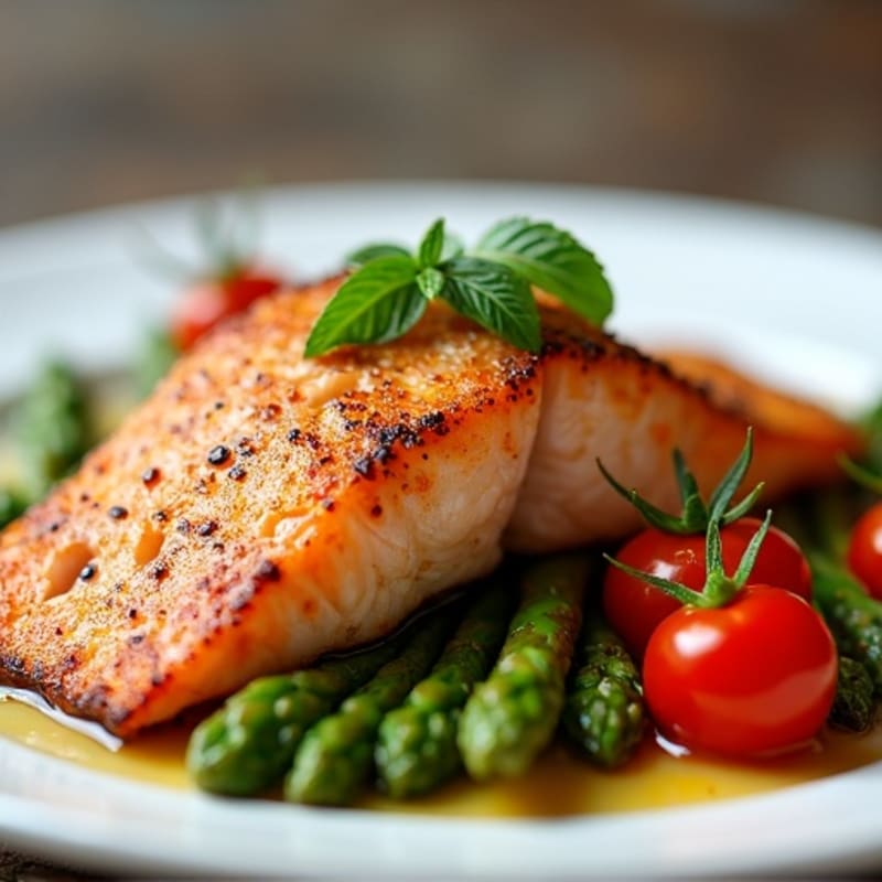 Crispy Pan-Seared Salmon with Roasted Asparagus and Cherry Tomatoes