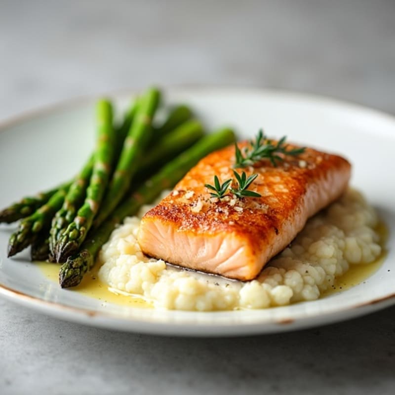 Seared Salmon with Steamed Asparagus and Cauliflower Mash