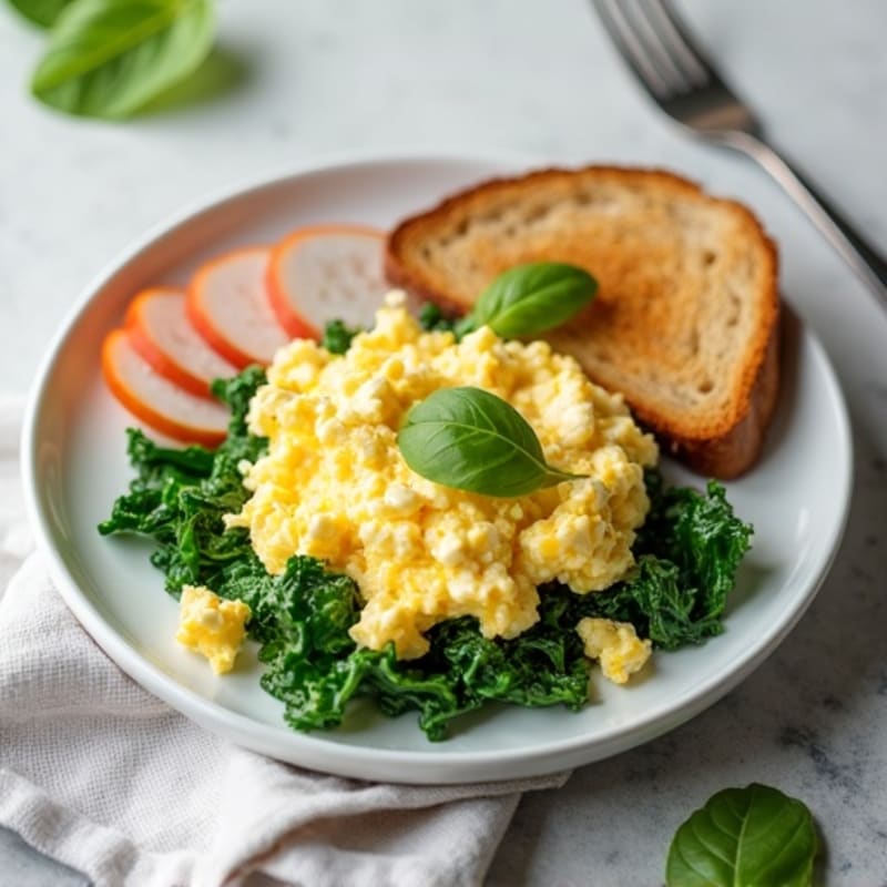 Cottage Cheese and Spinach Egg White Scramble with Sliced Turkey