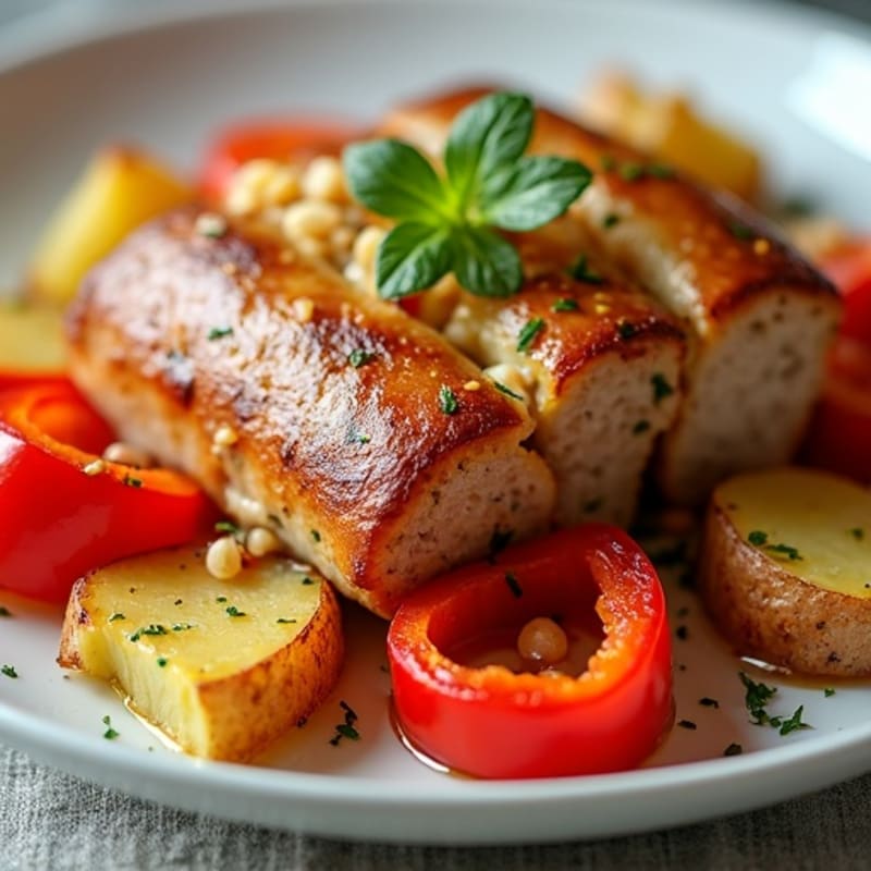 Lean Sausage and Crispy Potato Bake with Roasted Bell Peppers
