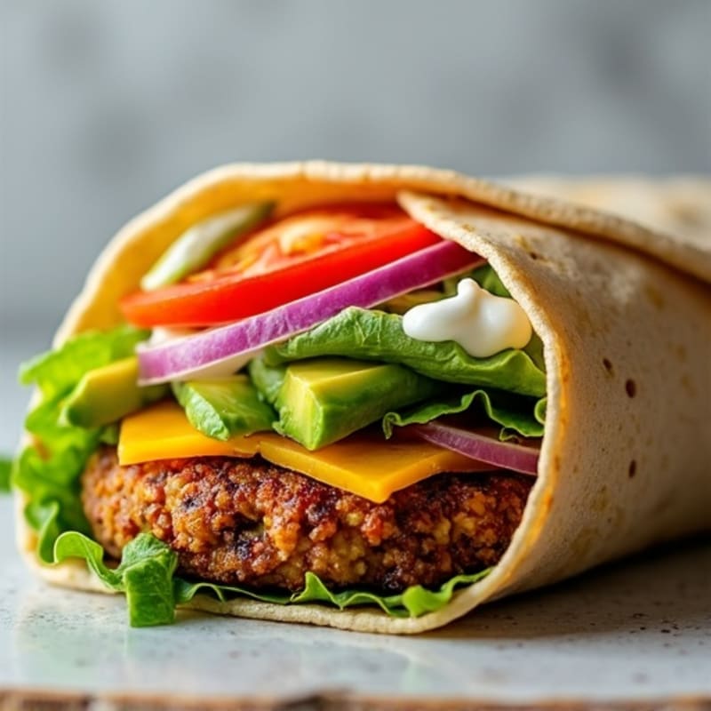 Crispy Veggie Burger Wrap with Fresh Greens and Tangy Dressing