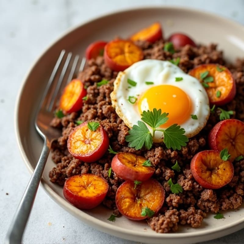 Sweet Potato Hash with Savory Ground Beef and Caramelized Plantains