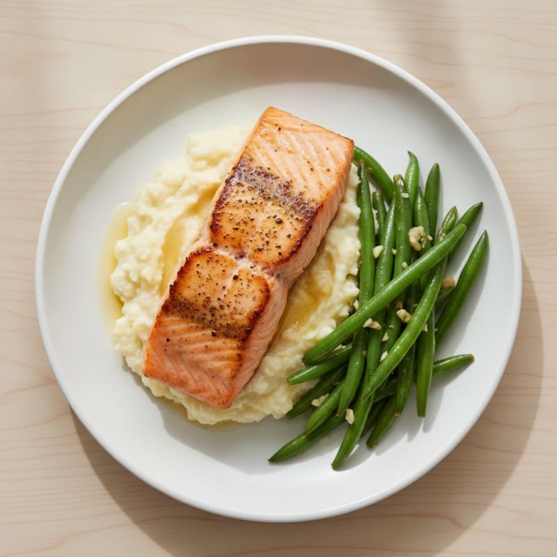 Seared Salmon with Garlic Green Beans and Cauliflower Mash