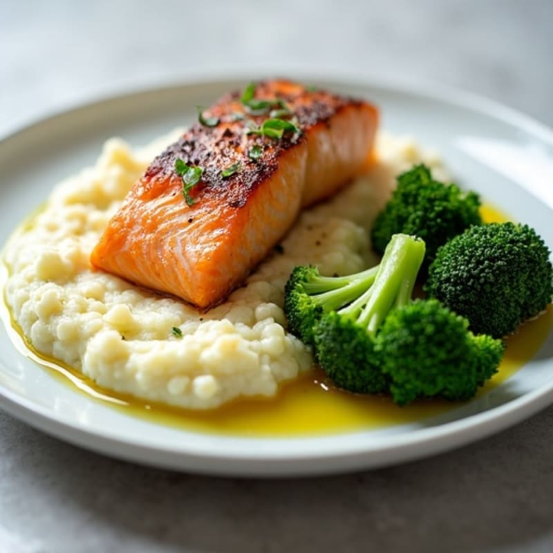 Seared Salmon with Steamed Broccoli and Garlic Cauliflower Mash