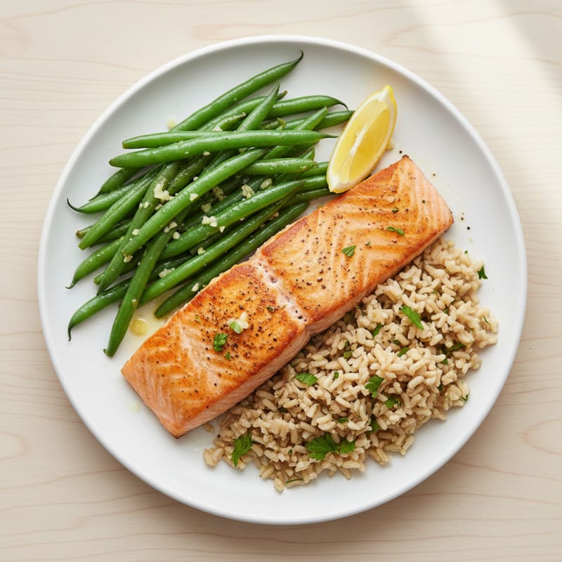 Seared Salmon with Garlic Green Beans and Herb Brown Rice