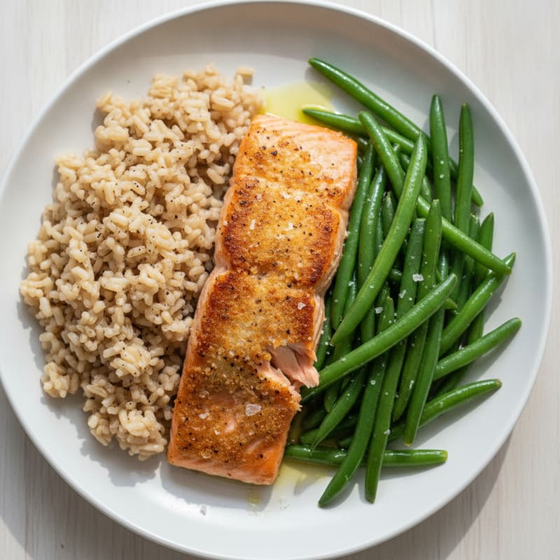 Seared Salmon Fillet with Steamed Green Beans and Brown Rice
