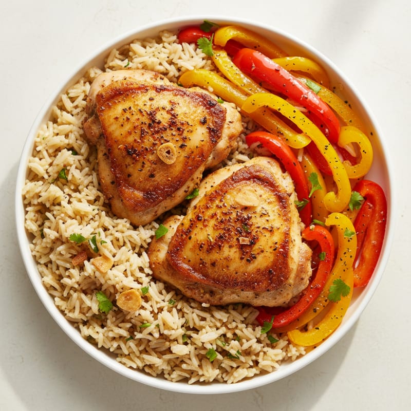 Crispy Skin Chicken Thighs with Garlic Rice and Sautéed Peppers