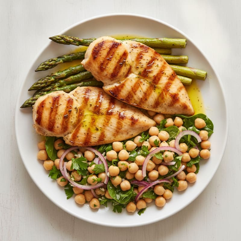 Garlic Herb Grilled Chicken with Asparagus and Chickpea Salad