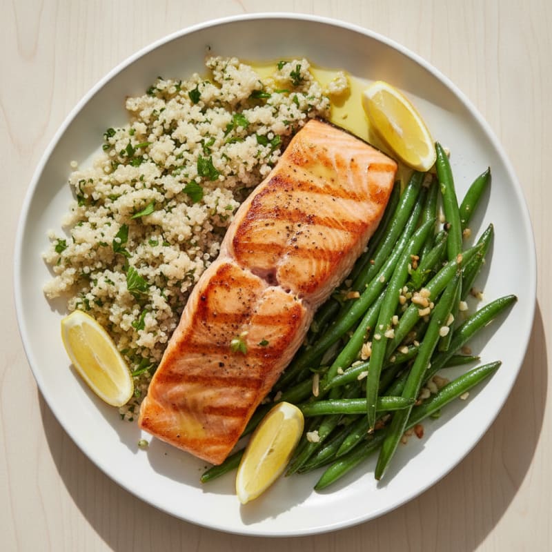 Seared Salmon Fillet with Quinoa and Garlic Green Beans