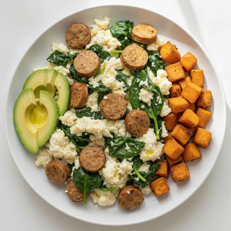 Egg White and Chicken Sausage Scramble with Spinach