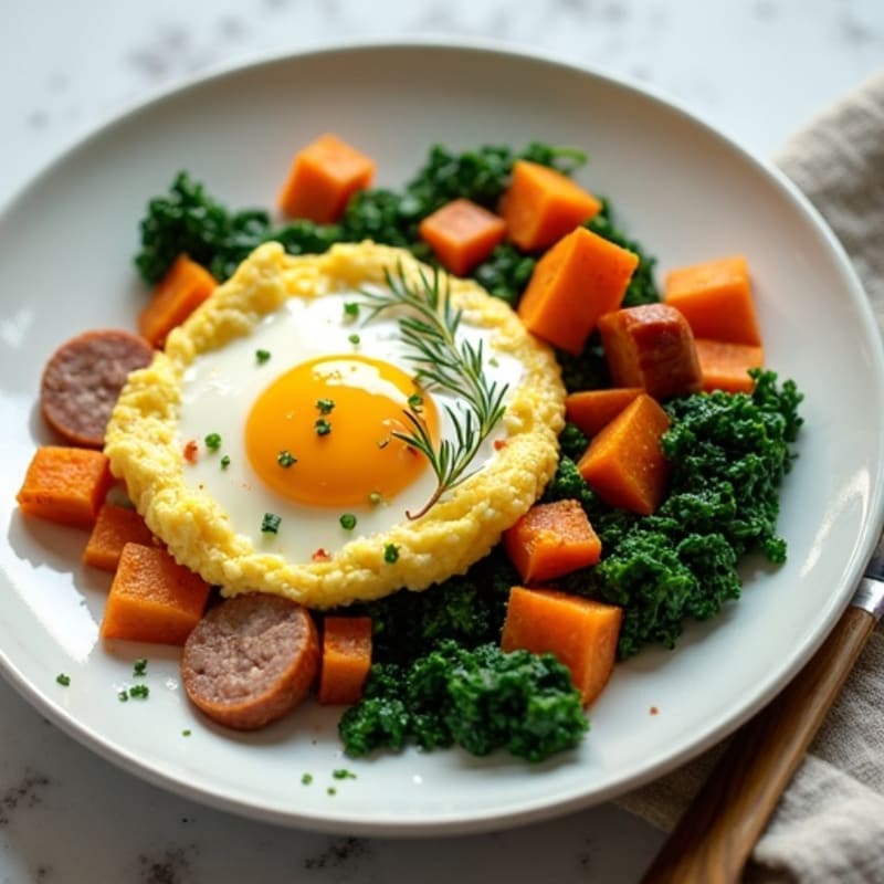 Fluffy Egg Scramble with Sautéed Greens and Sweet Potato