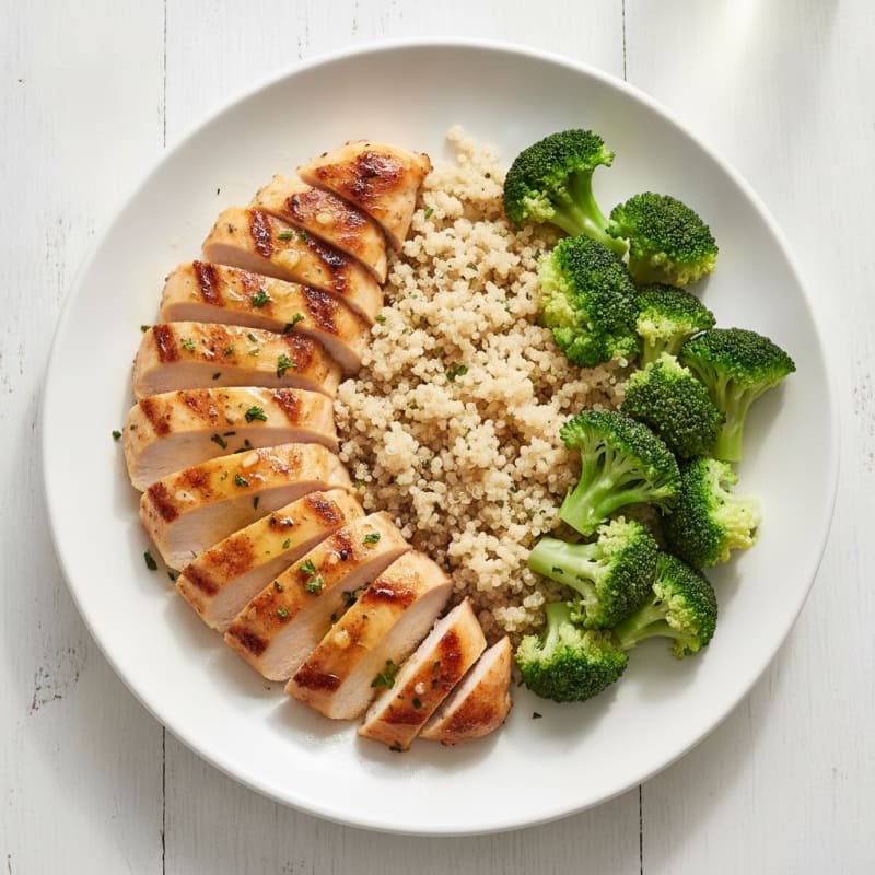 Grilled Lemon-Garlic Chicken Breast with Quinoa and Steamed Broccoli