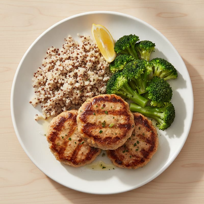 Grilled Turkey Patties with Steamed Broccoli and Quinoa
