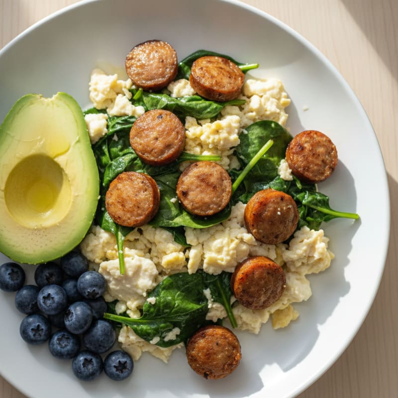 Egg White Scramble with Turkey Sausage and Sautéed Spinach