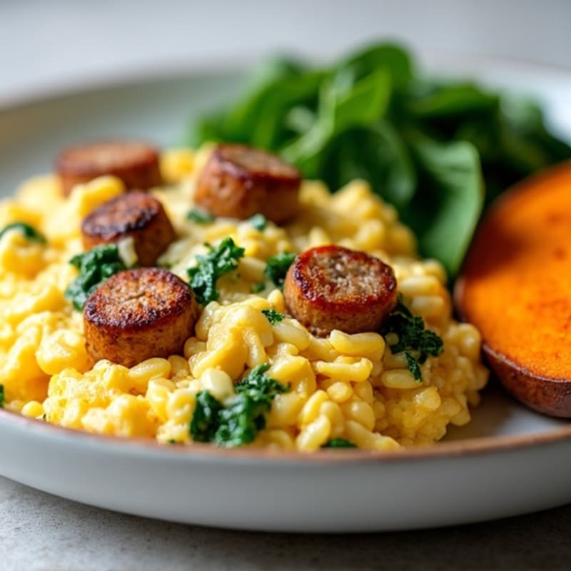 Egg White and Turkey Sausage Scramble with Spinach and Roasted Sweet Potato